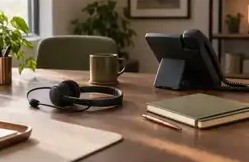 A desk phone and headset on a wooden desk