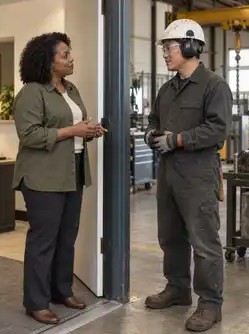 A recruiter talking with a technician on a shop floor