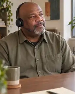 A recruiter in a headset listening at his desk