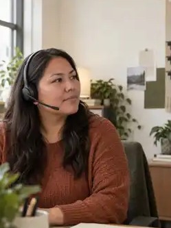 A recruiter in a headset reading coaching at her desk