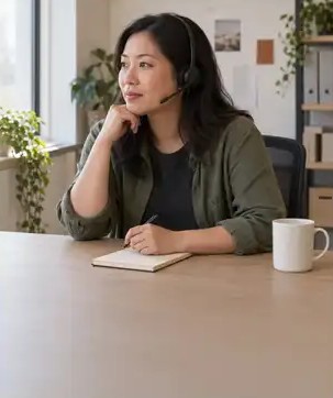 A recruiter in a headset looking out of the office window