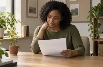 A recruiter reading a printed coaching note at her desk