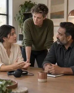 Three recruiters talking around a table with a headset on it