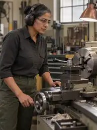 A machinist running a lathe
